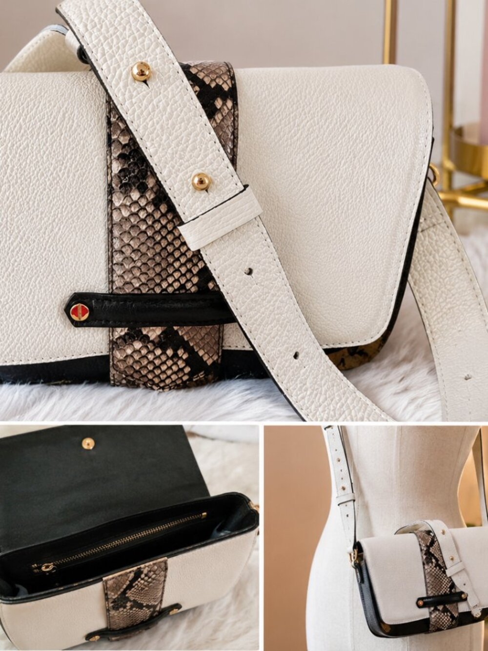 Color block Cross body bag White Black Snake Skin Accent (Genuine Leather)